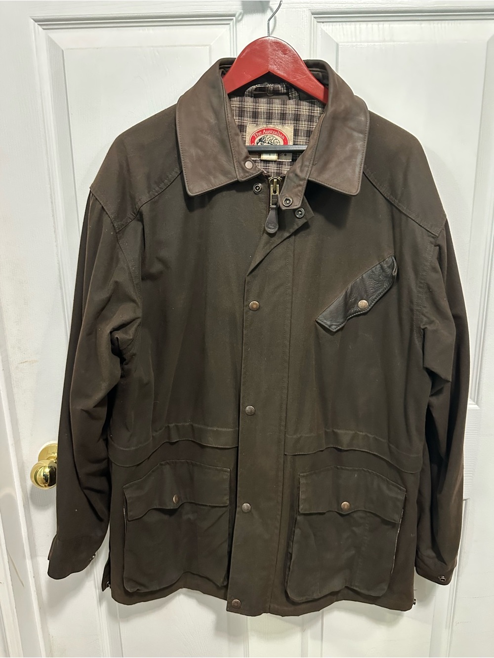 Vintage Men's Dark Brown Field Jacket with Leather Collar - Classic Outdoor Coat